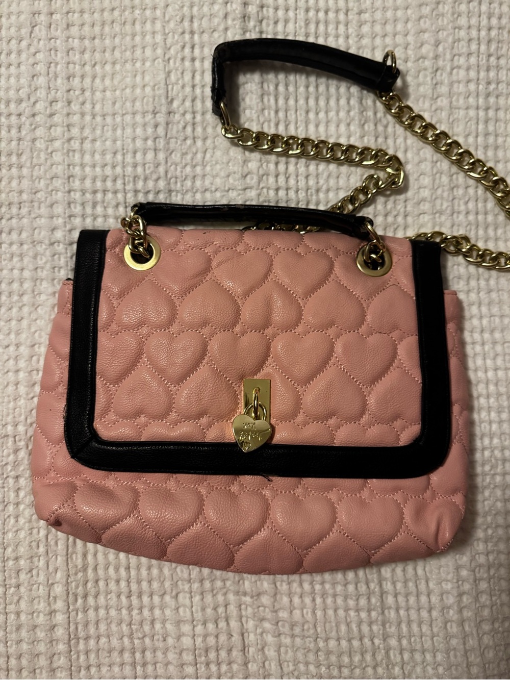 Betsey Johnson Heart Crossbody with Black Trim and Gold Chain Accent